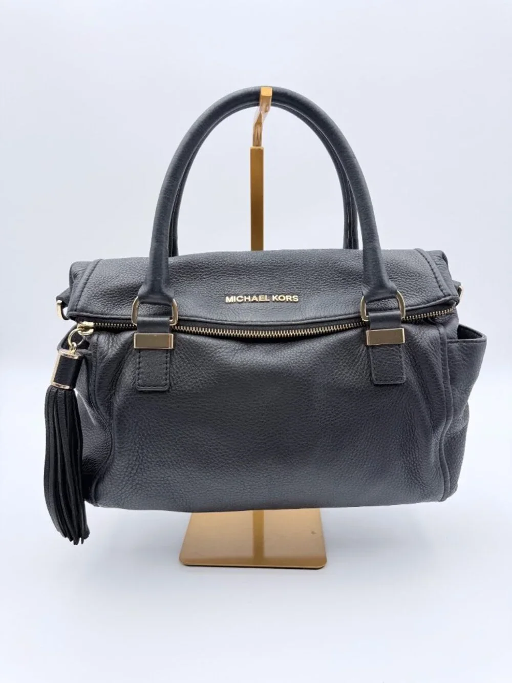 Michael Kors Women’s Black Pebbled Leather Satchel Bag Tassel & Gold Hardware